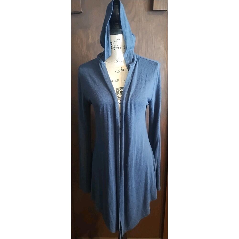 Navy Blue Hooded Open Cardigan Sweater Womens Medium Waterfall Long Tight knit